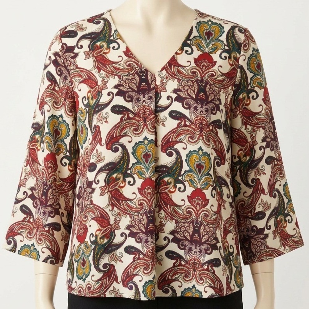Chico's Blouse Women 12 Cream Red Paisley V-Neck 3/4 Sleeve Pullover Top